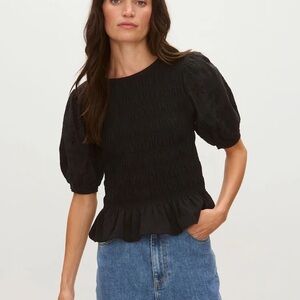 NEW WITH TAGS Express Size Medium Peplum Black Puff Sleeve Smocked Ruffle Top